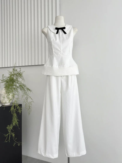 Doleme 2024 Summer Fashion Outfit French White Sleeveless Waist Top Wide Leg Casual Pants