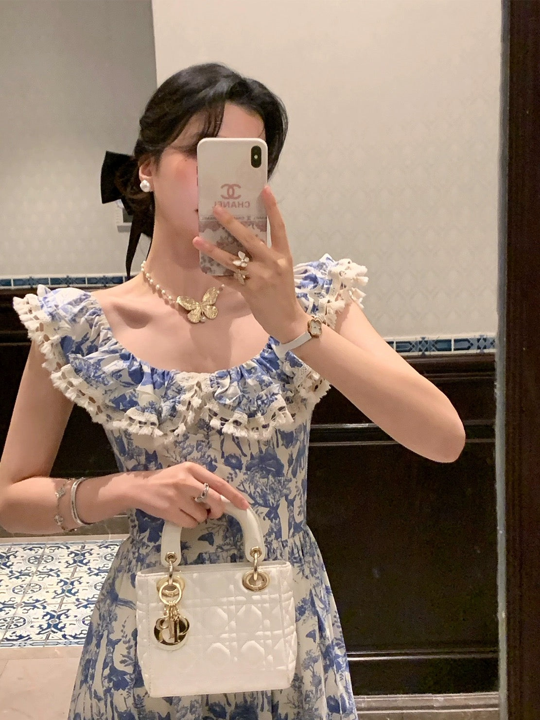 Auntie Lu and Uncle Zhuo "Summer Blueberry" French Fly Sleeve Summer Floral Dress Women's Long Style