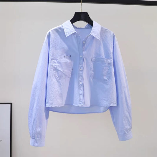 Small fresh light blue short shirt women's double pocket loose long-sleeved shirt 2023 spring and summer literary style cotton top