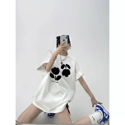 Waste wood summer American design sense couple white T-shirt loose casual flocking flowers pure cotton short-sleeved women's trendy