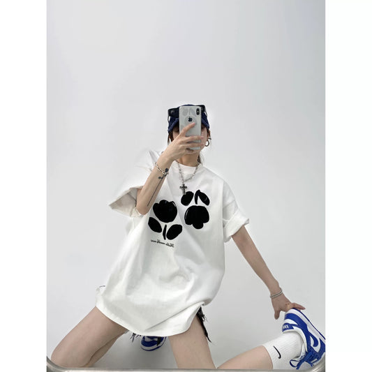 Waste wood summer American design sense couple white T-shirt loose casual flocking flowers pure cotton short-sleeved women's trendy