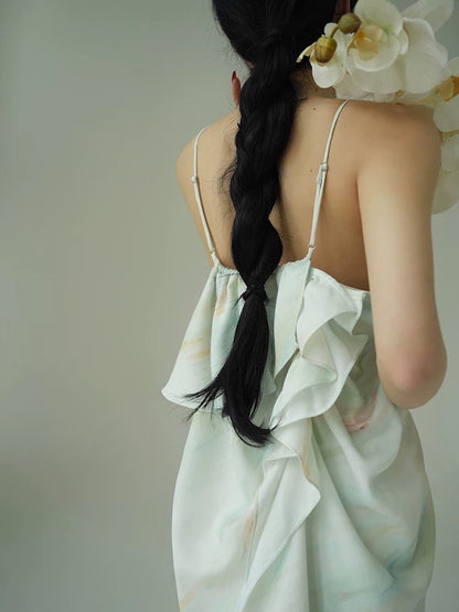 Aconiconi｜Clear Lotus and Drizzle French Monet Oil Painting Holiday Style Aesthetic Atmosphere Slipper Maxi Dress