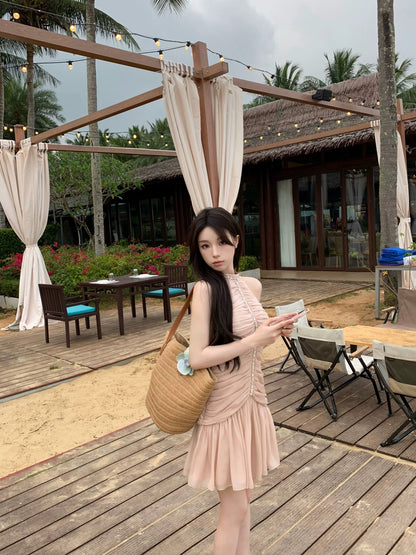 OKMA halter neck dress for women summer chiffon design pleated waist slimming sexy pure lust temperament skirt