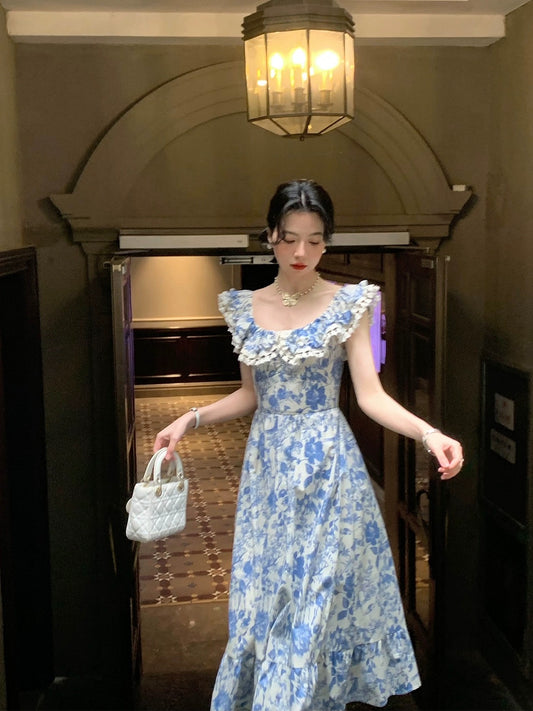Auntie Lu and Uncle Zhuo "Summer Blueberry" French Fly Sleeve Summer Floral Dress Women's Long Style