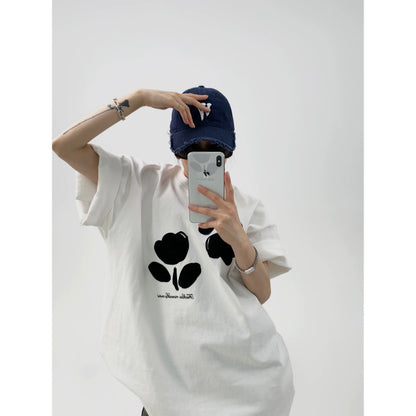 Waste wood summer American design sense couple white T-shirt loose casual flocking flowers pure cotton short-sleeved women's trendy