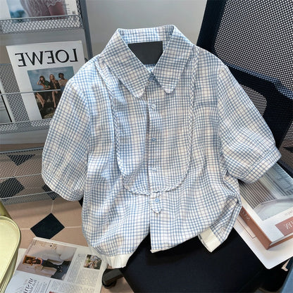 Design niche lace plaid splicing short-sleeved shirts for men and women summer Hong Kong style Japanese style short shoulder tops trendy
