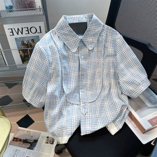 Design niche lace plaid splicing short-sleeved shirts for men and women summer Hong Kong style Japanese style short shoulder tops trendy