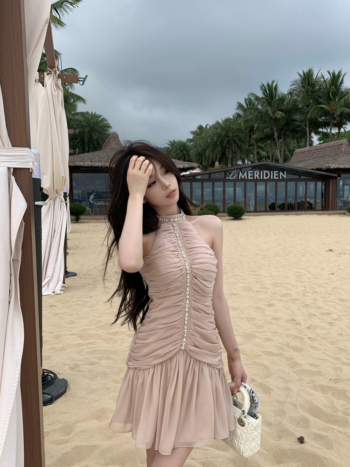 OKMA halter neck dress for women summer chiffon design pleated waist slimming sexy pure lust temperament skirt