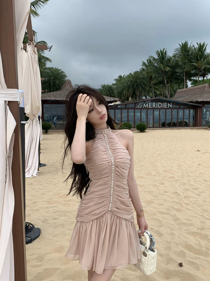 OKMA halter neck dress for women summer chiffon design pleated waist slimming sexy pure lust temperament skirt