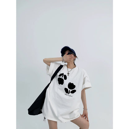 Waste wood summer American design sense couple white T-shirt loose casual flocking flowers pure cotton short-sleeved women's trendy