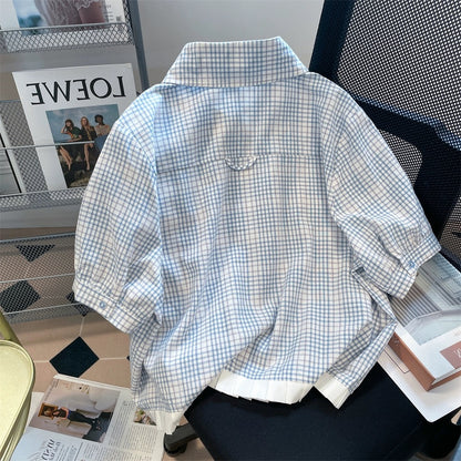 Design niche lace plaid splicing short-sleeved shirts for men and women summer Hong Kong style Japanese style short shoulder tops trendy