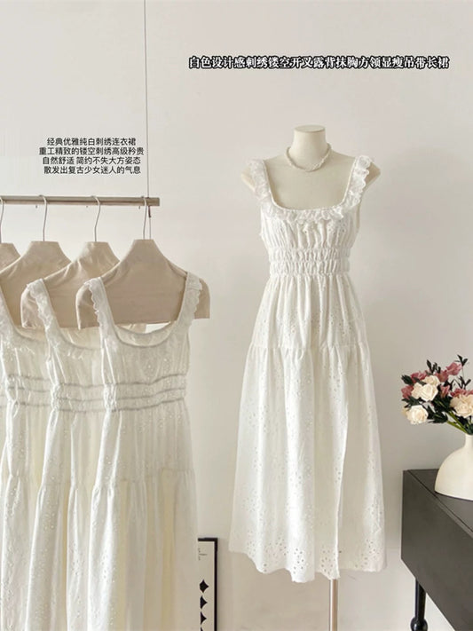 Duolaimei super fairy white design embroidered hollow slit backless strapless square neck slim suspender dress