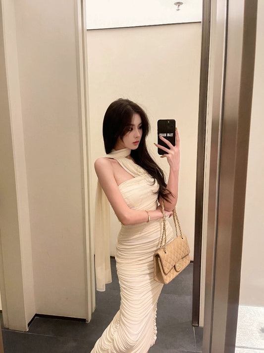 Ready stock one-shoulder tube top red dress for women summer waist slimming sexy hip-hugging skirt