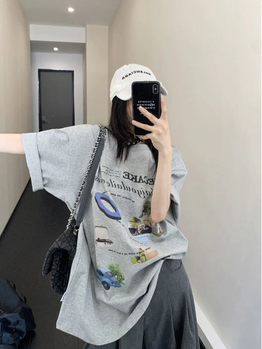 Waste-chai chic summer new style simple cartoon printed cotton short-sleeved loose retro high-end casual T-shirt for women