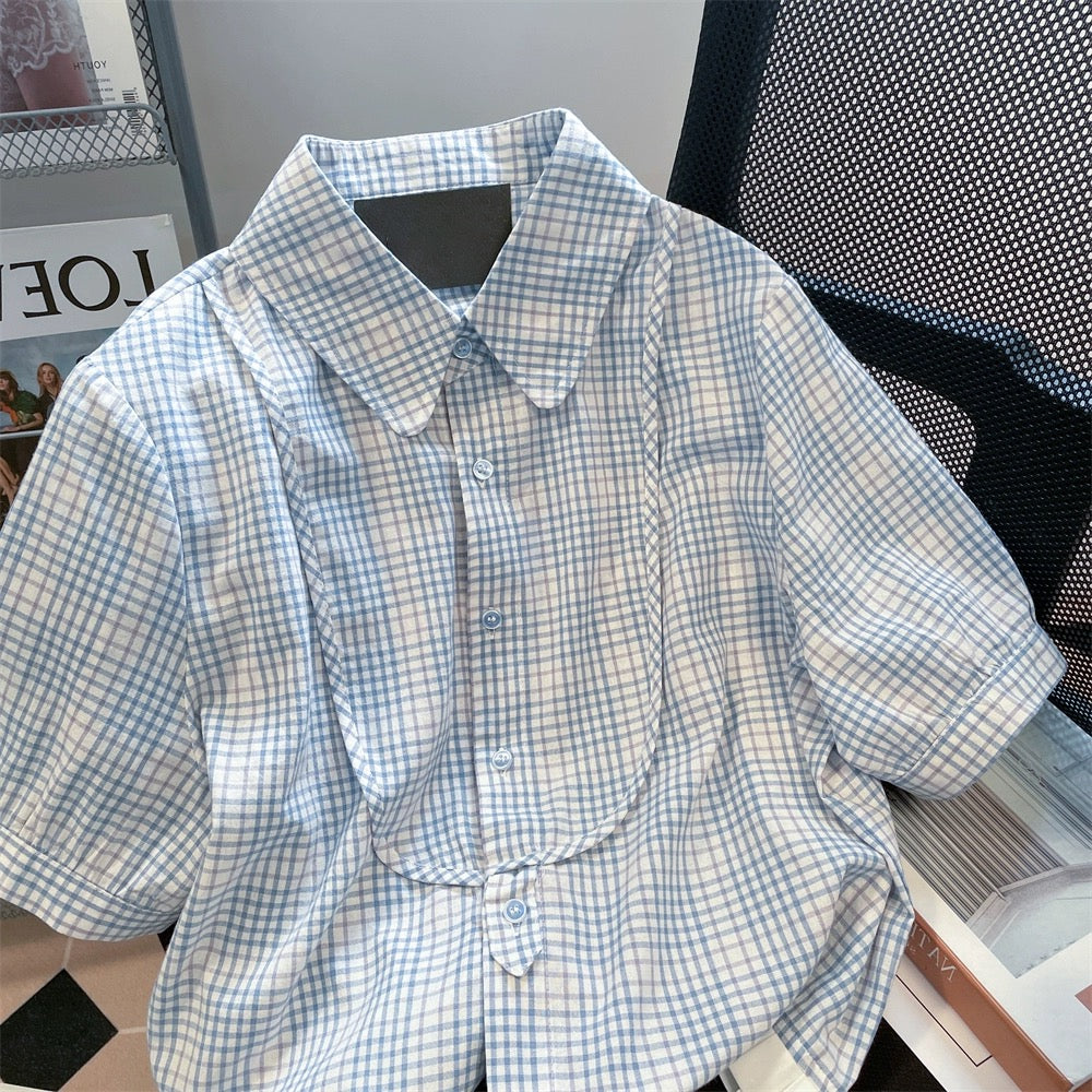 Design niche lace plaid splicing short-sleeved shirts for men and women summer Hong Kong style Japanese style short shoulder tops trendy