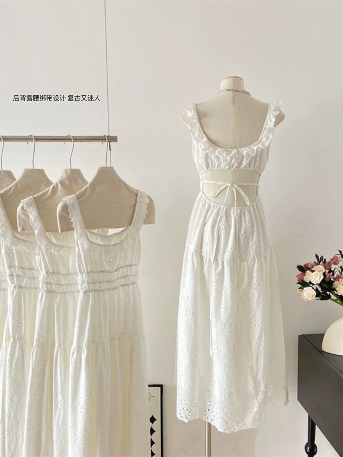 Duolaimei super fairy white design embroidered hollow slit backless strapless square neck slim suspender dress