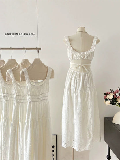Duolaimei super fairy white design embroidered hollow slit backless strapless square neck slim suspender dress