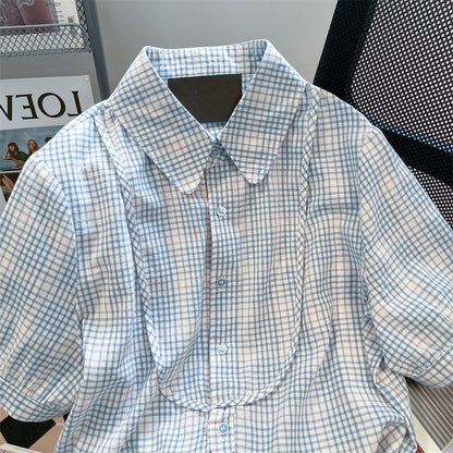 Design niche lace plaid splicing short-sleeved shirts for men and women summer Hong Kong style Japanese style short shoulder tops trendy