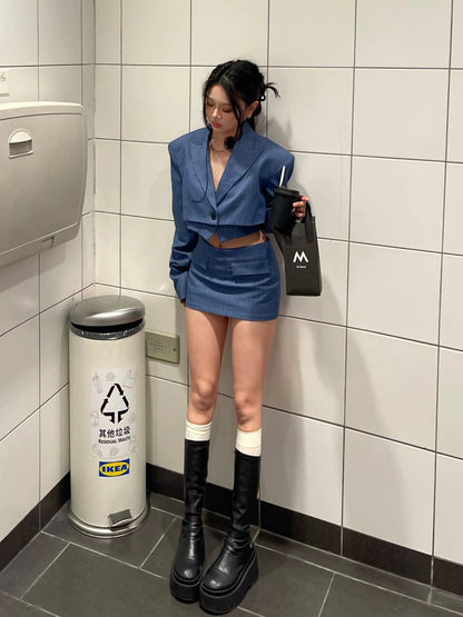 High-end hot girl blue striped suit jacket with vest and short top, women's hip-covering skirt, three-piece trendy set