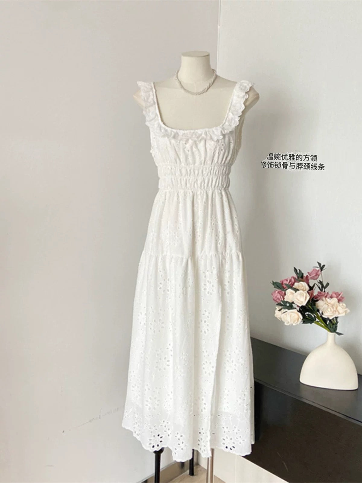 Duolaimei super fairy white design embroidered hollow slit backless strapless square neck slim suspender dress