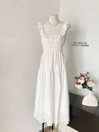 Duolaimei super fairy white design embroidered hollow slit backless strapless square neck slim suspender dress