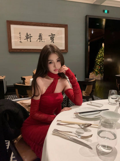 Ready stock one-shoulder tube top red dress for women summer waist slimming sexy hip-hugging skirt