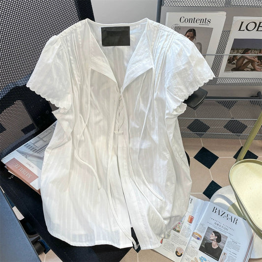 French sweet strappy accordion short-sleeved shirt for women summer shoulder niche unique v-neck outer top