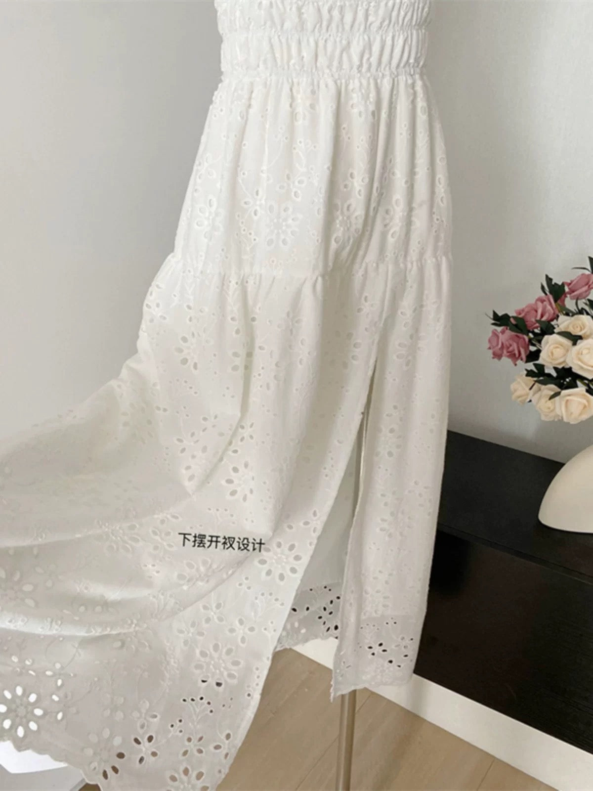 Duolaimei super fairy white design embroidered hollow slit backless strapless square neck slim suspender dress