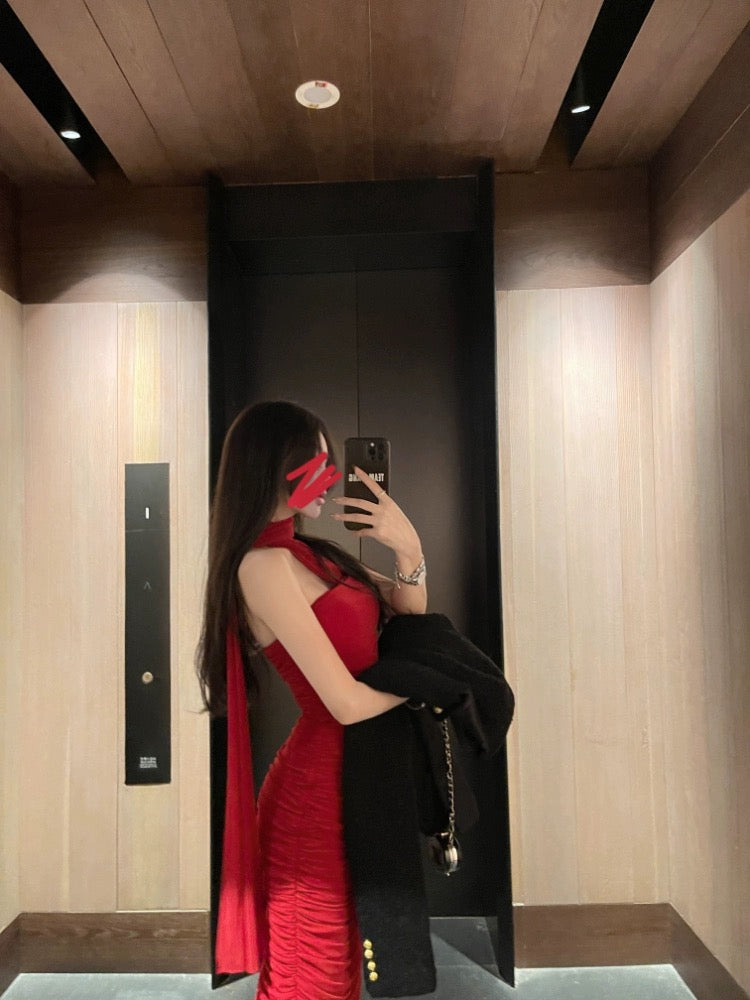 Ready stock one-shoulder tube top red dress for women summer waist slimming sexy hip-hugging skirt