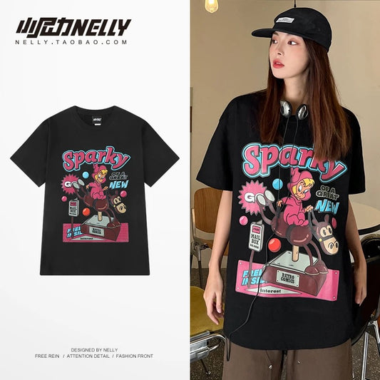 American cartoon cat print round neck short sleeve men and women summer 2025 couple pure cotton t-shirt half sleeve bottoming shirt trend