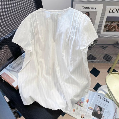 French sweet strappy accordion short-sleeved shirt for women summer shoulder niche unique v-neck outer top