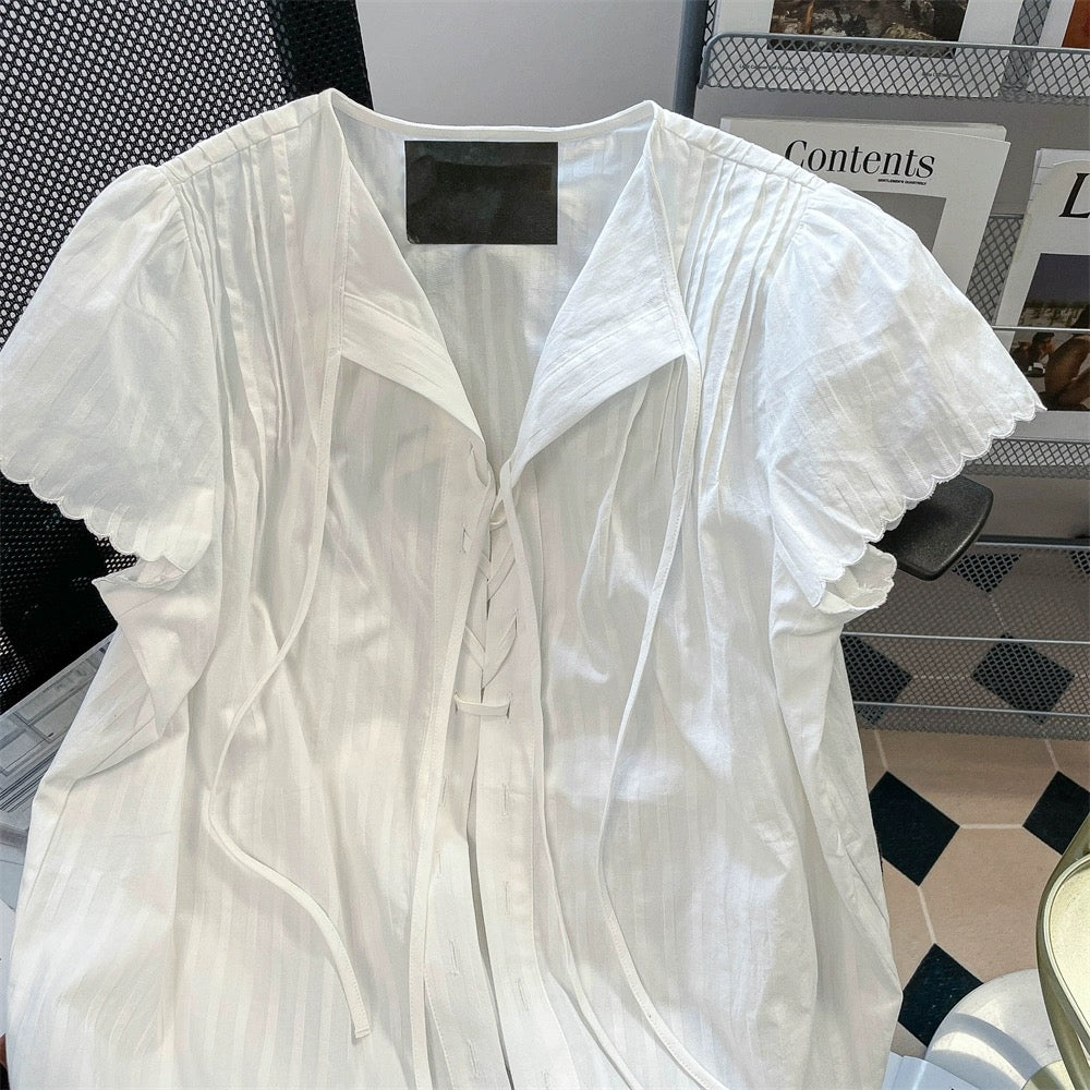 French sweet strappy accordion short-sleeved shirt for women summer shoulder niche unique v-neck outer top
