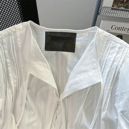 French sweet strappy accordion short-sleeved shirt for women summer shoulder niche unique v-neck outer top
