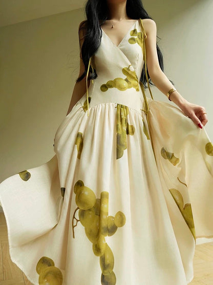 Aconiconi｜Pinxia Qinggu French Qinggu Print V-Neck Slipper Dress with Seaside Holiday Atmosphere