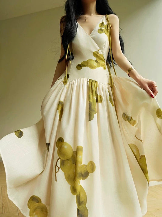 Aconiconi｜Pinxia Qinggu French Qinggu Print V-Neck Slipper Dress with Seaside Holiday Atmosphere