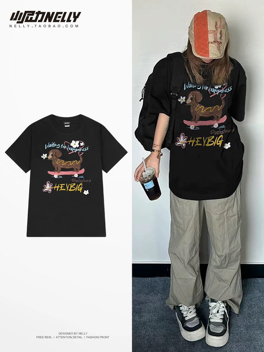 American cartoon cat print round neck short sleeve men and women summer 2025 couple pure cotton t-shirt half sleeve bottoming shirt trend