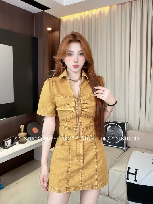 [Vintage Caramel] New Summer Design-Forward Denim Set: Short-Sleeve Top & High-Waisted Skort (Chic & Slimming) #119