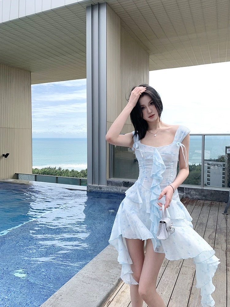 NIMO WANG 【Holiday Flowering Period】Fairy long skirt, vertical cut and irregular suspender dress