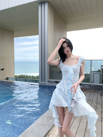 NIMO WANG 【Holiday Flowering Period】Fairy long skirt, vertical cut and irregular suspender dress