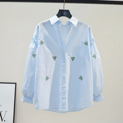 Small Fresh Cactus Embroidered Cotton Shirt Women's Light Blue Lantern Sleeve Shirt 2024 Autumn Loose Casual Top
