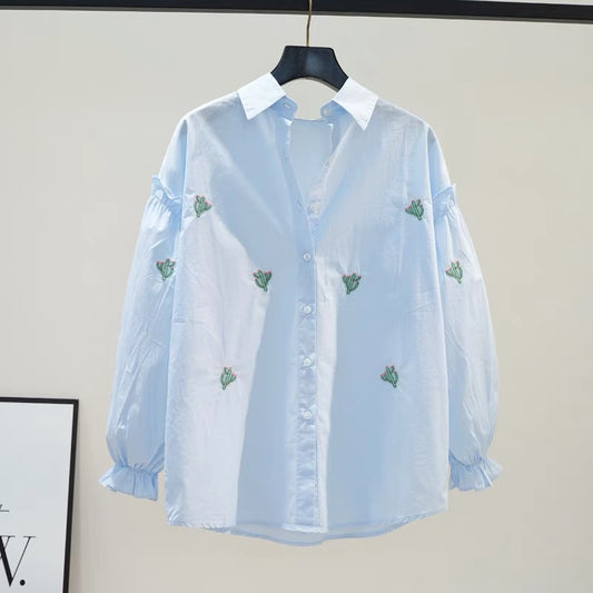 Small Fresh Cactus Embroidered Cotton Shirt Women's Light Blue Lantern Sleeve Shirt 2024 Autumn Loose Casual Top