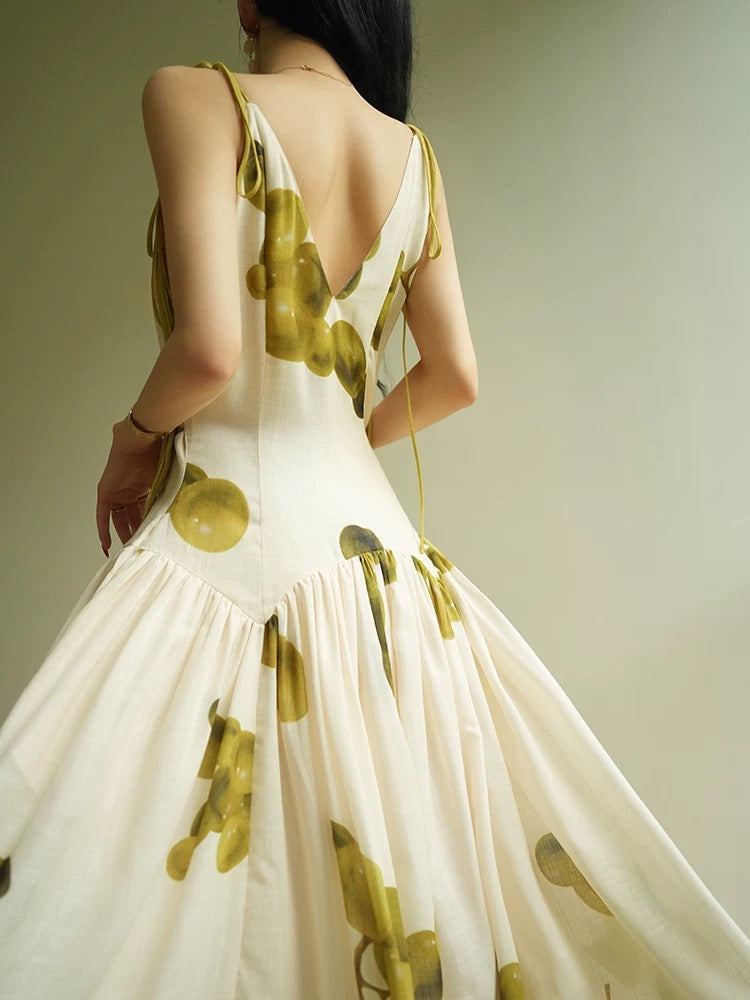 Aconiconi｜Pinxia Qinggu French Qinggu Print V-Neck Slipper Dress with Seaside Holiday Atmosphere