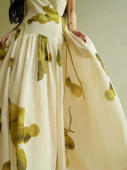 Aconiconi｜Pinxia Qinggu French Qinggu Print V-Neck Slipper Dress with Seaside Holiday Atmosphere
