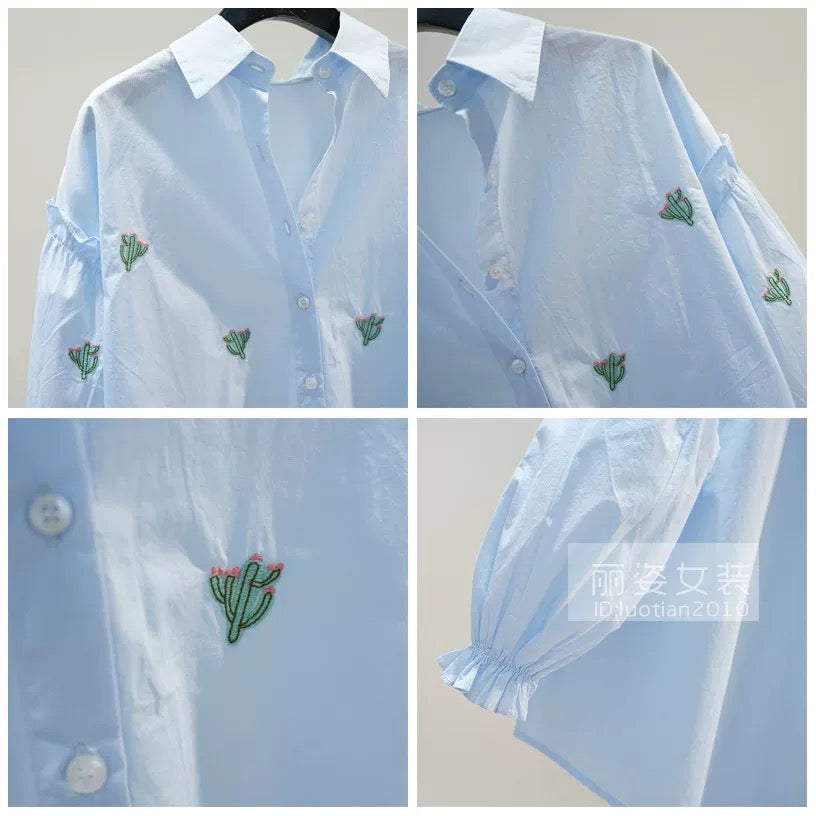 Small Fresh Cactus Embroidered Cotton Shirt Women's Light Blue Lantern Sleeve Shirt 2024 Autumn Loose Casual Top
