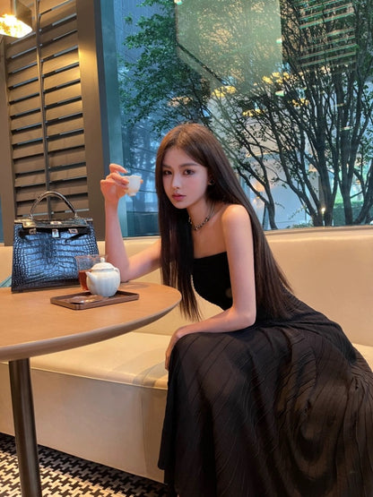 OKMA black tube top dress for women summer high-end sexy waist-cinching birthday dress little black dress