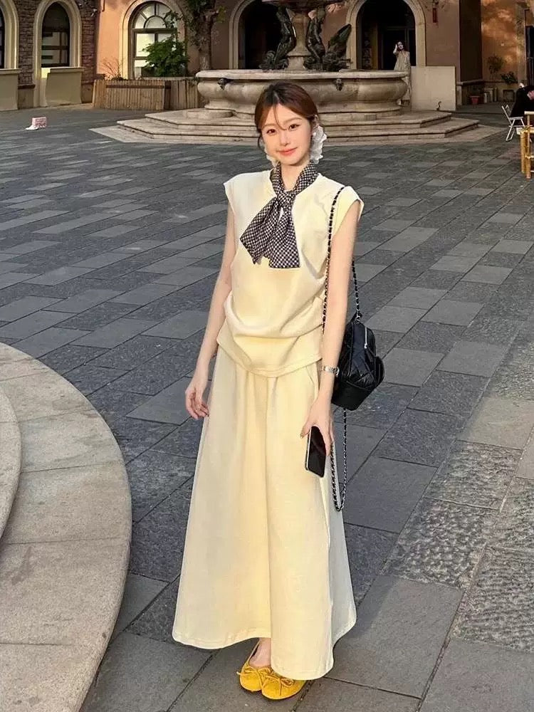 Summer new Korean style gentle outfit a complete set of versatile casual sleeveless tops elastic waist skirt two-piece suit