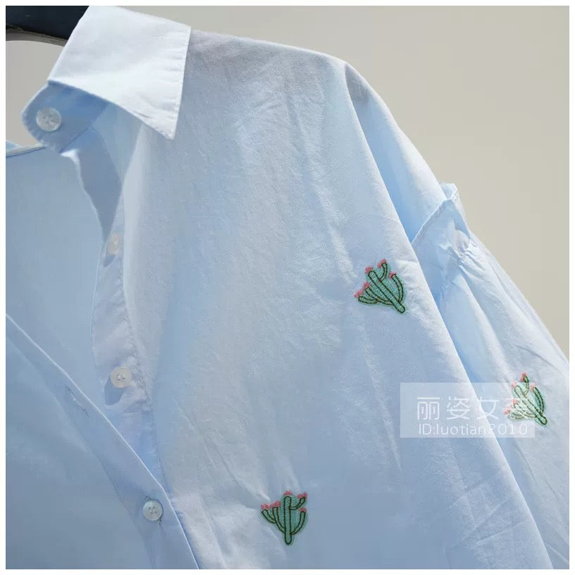 Small Fresh Cactus Embroidered Cotton Shirt Women's Light Blue Lantern Sleeve Shirt 2024 Autumn Loose Casual Top