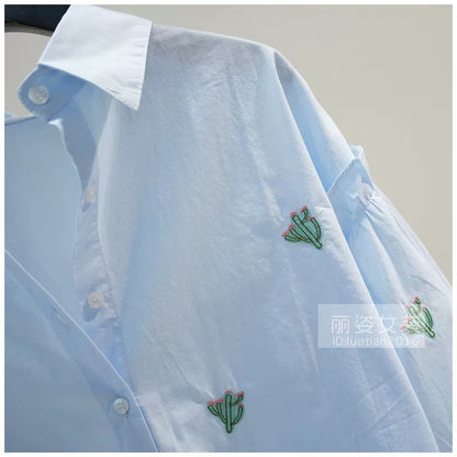Small Fresh Cactus Embroidered Cotton Shirt Women's Light Blue Lantern Sleeve Shirt 2024 Autumn Loose Casual Top