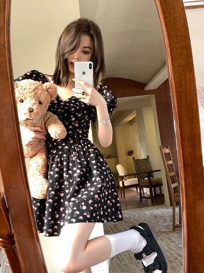 NIMO WANG v-neck French dress women's summer design niche big bow floral skirt puffy skirt