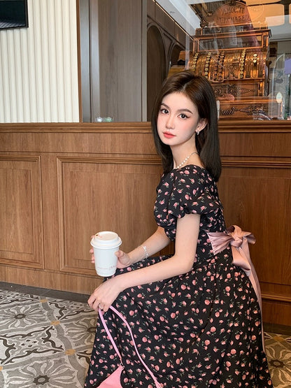 NIMO WANG v-neck French dress women's summer design niche big bow floral skirt puffy skirt